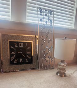 3 Piece Set- Nanette Lepore Square Wall Clock Glitter Frame + Lamp + Wall Decor