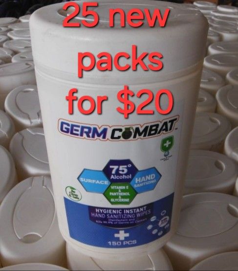 New 25 Packs of GERM COMBAT Hygienic Instant Hand Sanitizing DISINFECTANT WIPES, 150 Count
