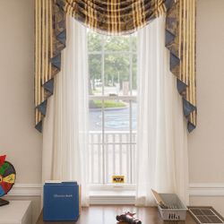 8 Custom Drapery Sets – Valance, Traverse Rod, Sheers & Hardware.  46”