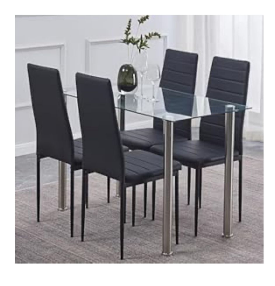 5-Pieces Glass Dining Table with Faux Leather Chairs Set for 4