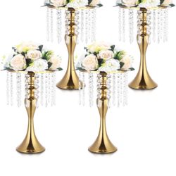 4 Pcs Gold Vases for Centerpieces, 13.5 inch Tall Crystal Flower Stand Wedding Centerpieces for Tables Decorative Metal Flower Vase for Party Annivers
