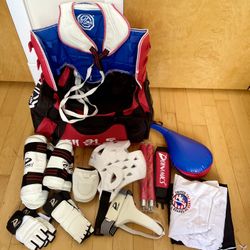 Official martial arts, taekwondo, sparring gear, equipment set.