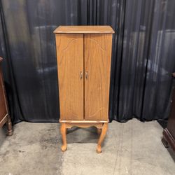 Oak Standing Jewelry Armoire with Flip-Top Mirror