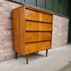 Mid Century Modern Walnut Louvered Front 4 Drawer Highboy Dresser Vintage