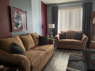 Tan Microfiber Sofa and Loveseat with Accent Pillows