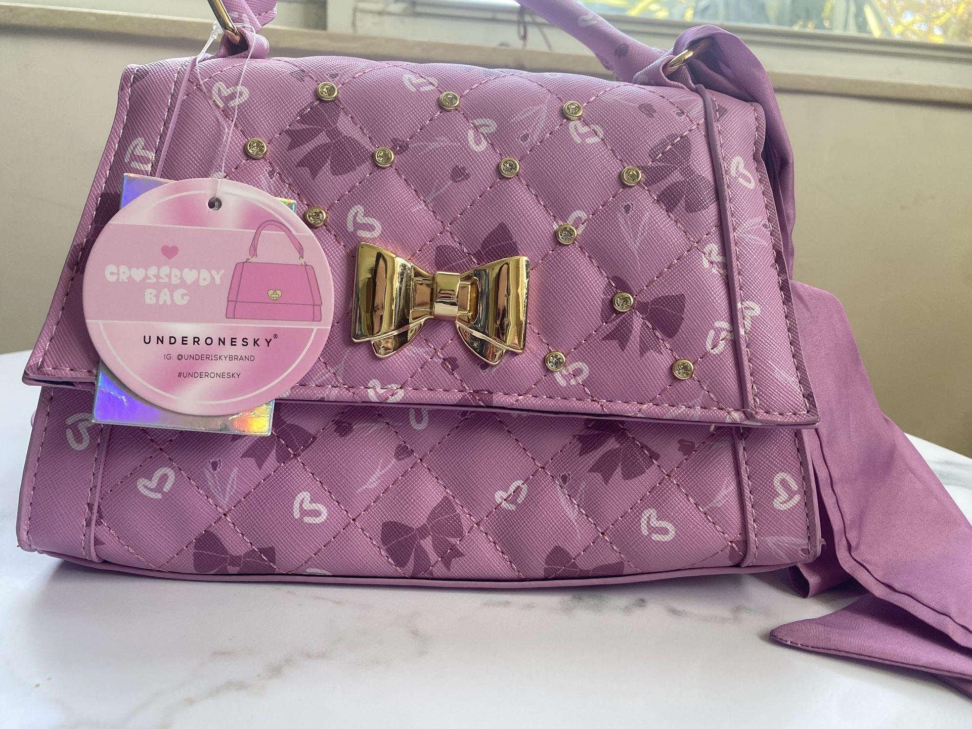 Under One Sky Crossbody Bag | Pink Quilted with Gold Bow | NWT