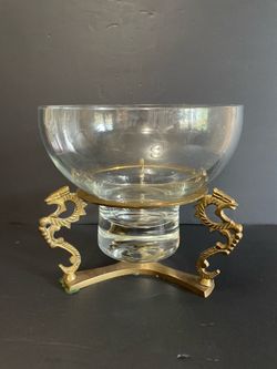 Vintage Glass Bowl with a 3 Brass Dragon Stand