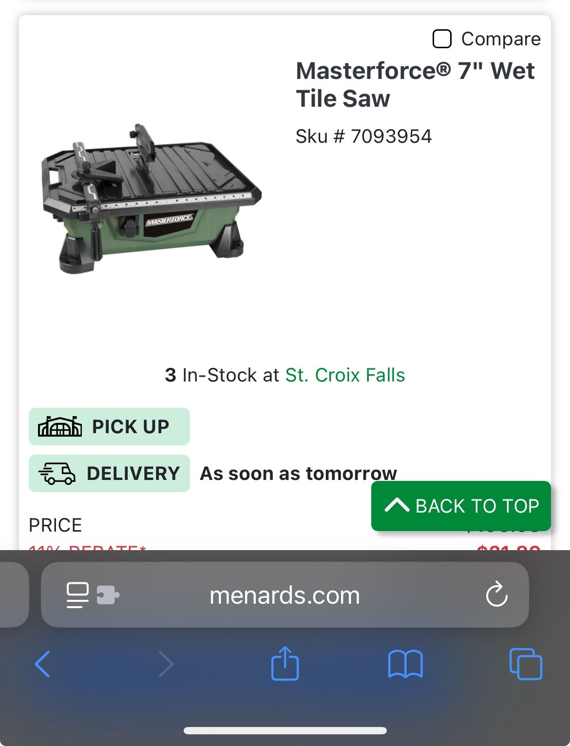 Masterforce 7” Wet Tile Saw
