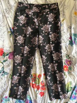 Talbots Black Trouser Pants with Large Pink Rose Embroidery | Unique Boutique Look