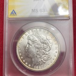 Beautiful Toned 134 Yr Old 1887 Morgan Silver Dollar ANACS MS 63!!