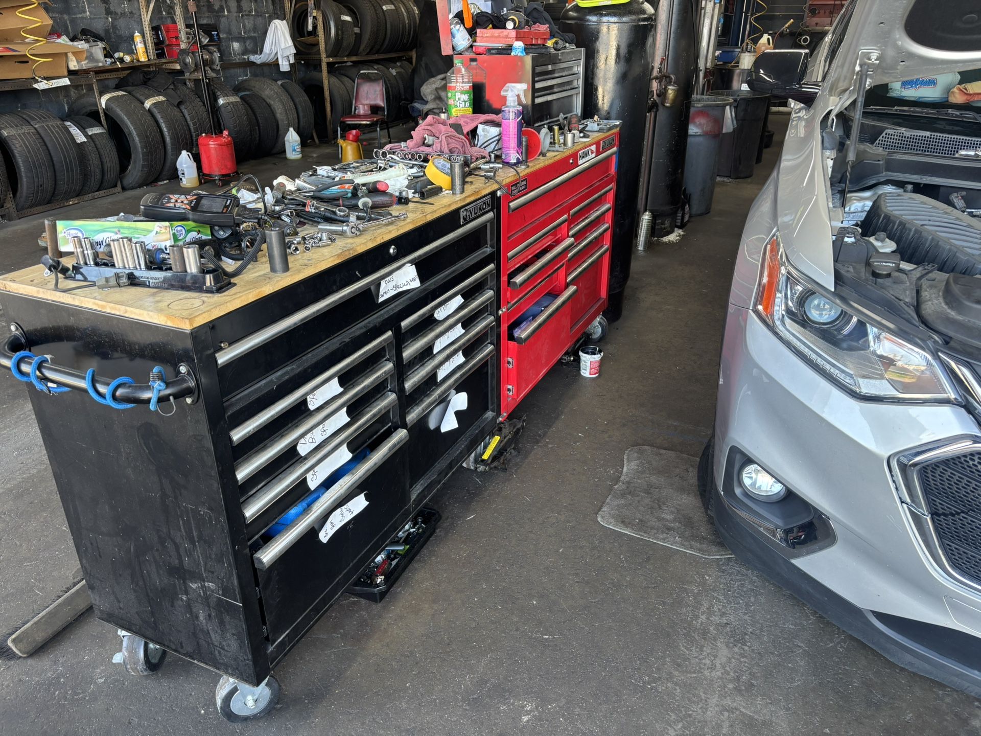 Two Yukon toolboxes bolted together with all the tools you need to work in the mechanic industry