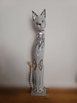 Tall wooden cat statue with mirror mosaic - white farmhouse cat decor floor sculpture