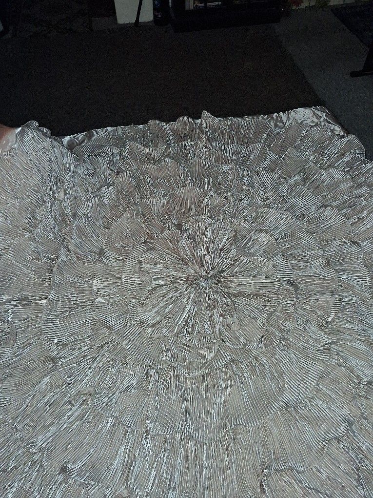 Stunning Queen Size Comforter Set - Taupe Satin w/ Waterfall Flower Ruffle