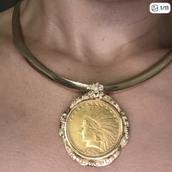 RARE 1926 22k Half Ounce American Eagle Coin Diamond Bezel Omega Necklace