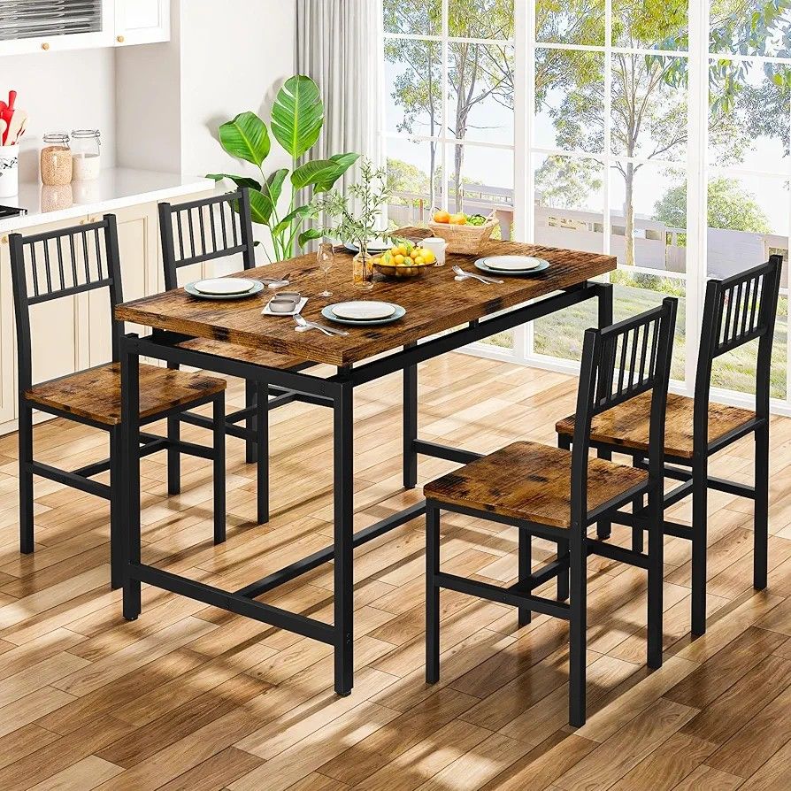 5 Piece Dining Table Set,47.2" Kitchen Table and 4 Backrest Chairs Set,Space Saving,Industrial Dining Table Set for 4,for Kitchen,Dining Room