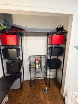 Black Wire Shelving Units + Plastic Storage Bins – Closet Organizer Set