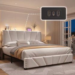 ❤️🔥 #A Queen Bed Frame with Upholstered Headboard, LED Lights, and Charging Station – Noise-Free$100