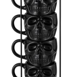 🖤 Set of 4 Black Skull Mugs with Metal Stand ☠️ / Set de 4 Tazas Calavera Negras con Base Metálica