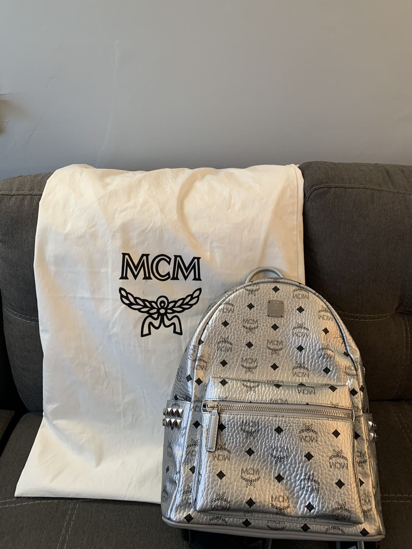 MCM Men’s / Women’s Stark Medium Studded Silver Monogram Leather Backpack Bag