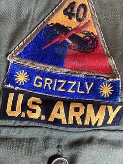 Vintage antique military fatigues jacket Armor unit OD107 patches 1950s