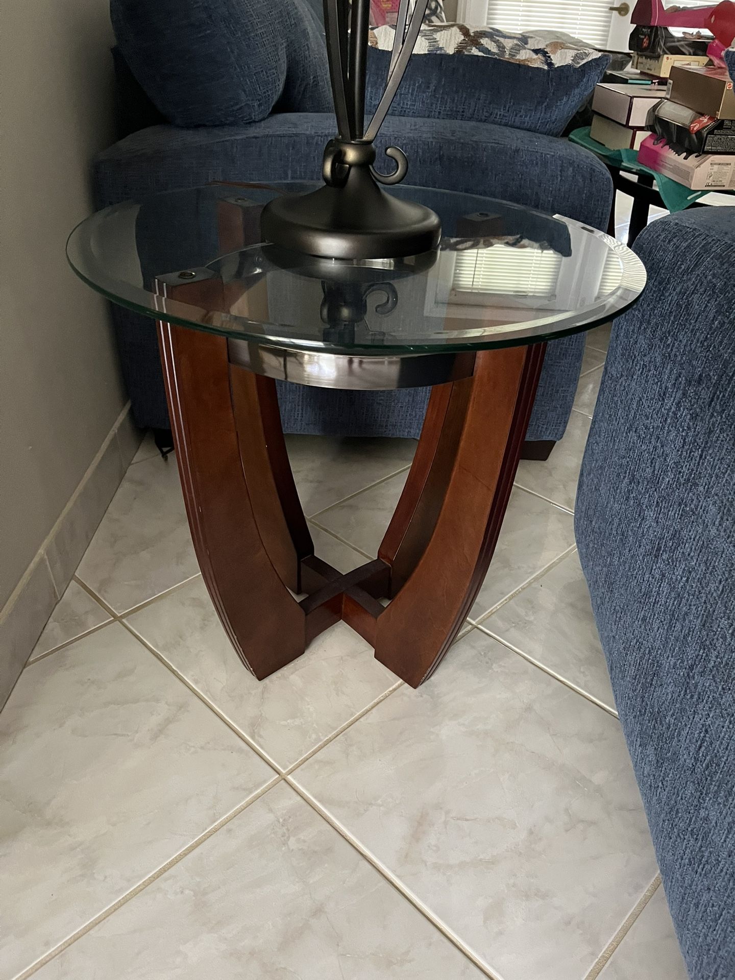 Glass top walnut end tables (2)