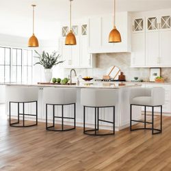 LUE BONA 27" H Counter Height Bar Stools Set of 4, Modern Barrel Counter Stools with Backrest and Arms, Black Metal Frames, Linen Fabric Upholstered A