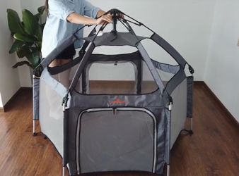 Playpen Portable with UV Shade Cover Indoor/Outdoor Cosmic Gray Patented “pop-up and release” technology with secure safety lock, bug proof mesh, alum