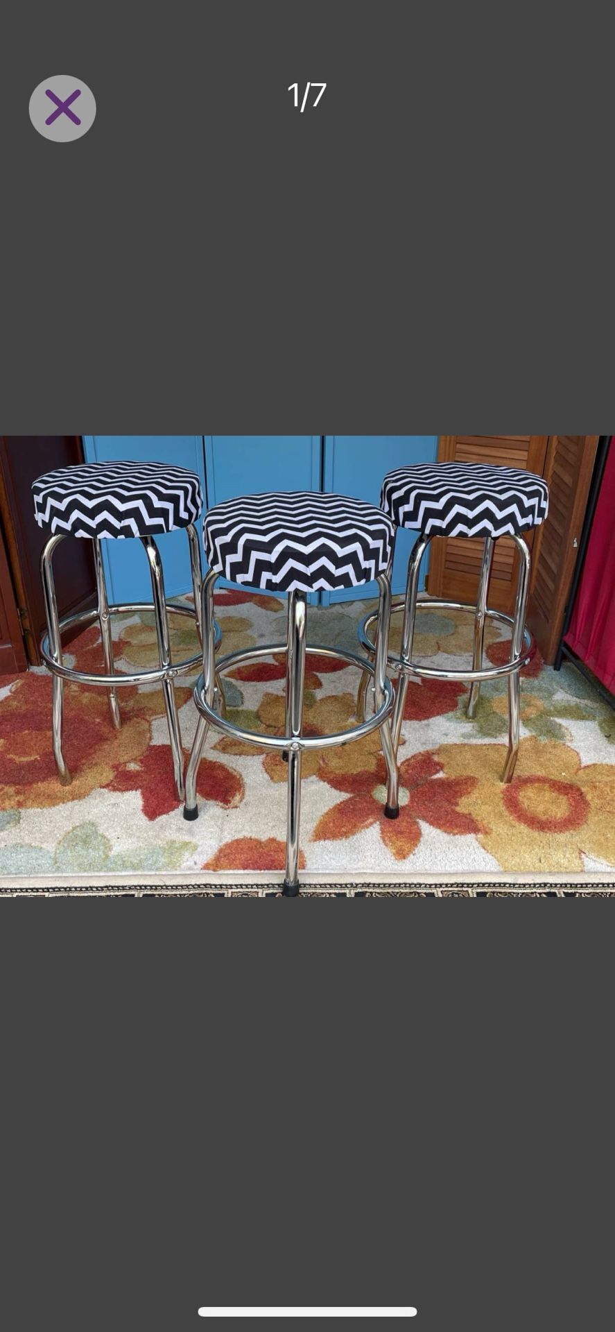 Set of 3 MCM Style Barstools - 29"H x 14"diameter Seat Black and white patterns fabric seat , steel metal legs