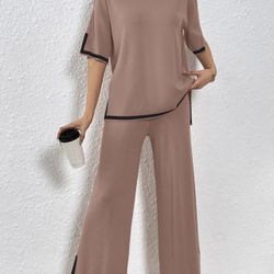 Women Sweater Sets 2 Piece Outfits Short Sleeve Knit Pullover Tops High Waisted Wide Leg Pants Lounge Sets