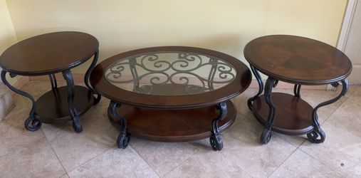 Traditional 3-Pc Glass & Wood Table Set (Ashley Nestor style)