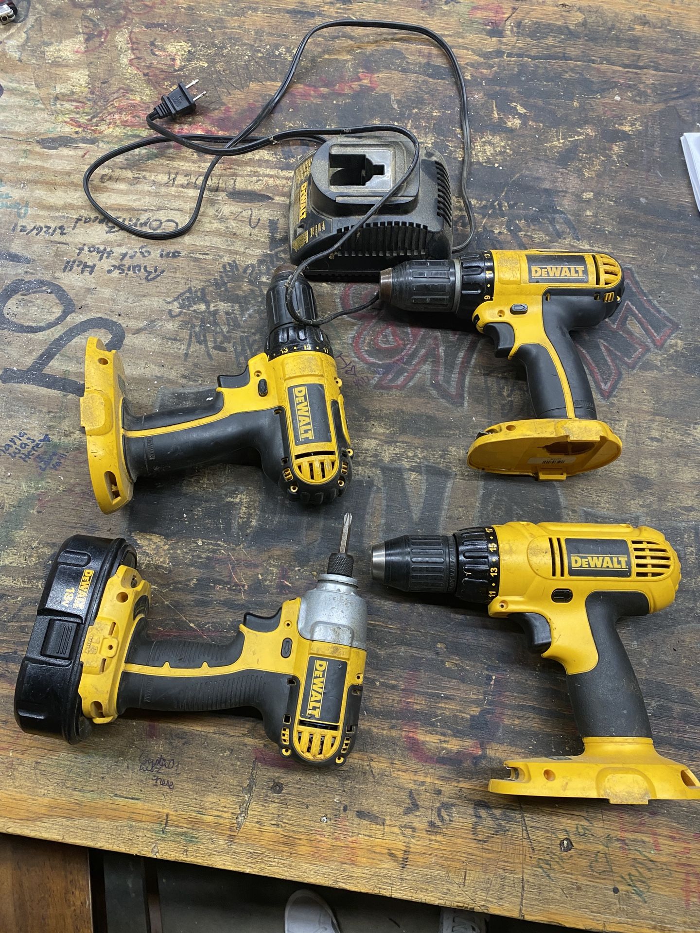 3 Dewalt Drills, 1 Impact Drill, I Battery, One Charger