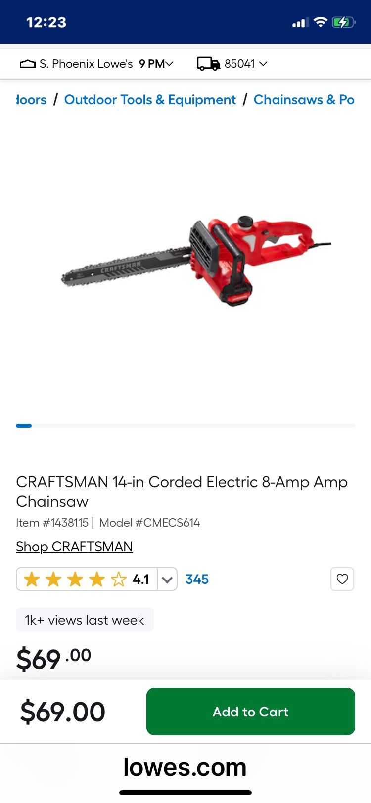 Craftsman 14 Inch Corded Chainsaw Electric 8 Amp Motor Auto Oiling,