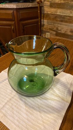 Vintage Hand-Blobs Green Glass Pitcher with Multi-Color Handle | Handcrafted Mexican Art Glass