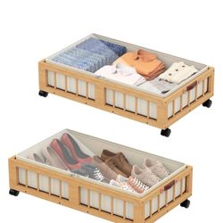 2-Pack Bamboo Under Bed Storage Containers with Wheels, Under Bed Clothes Storage Basket with Large Dust Bag, Rolling UnderBed Storage for Bedroom