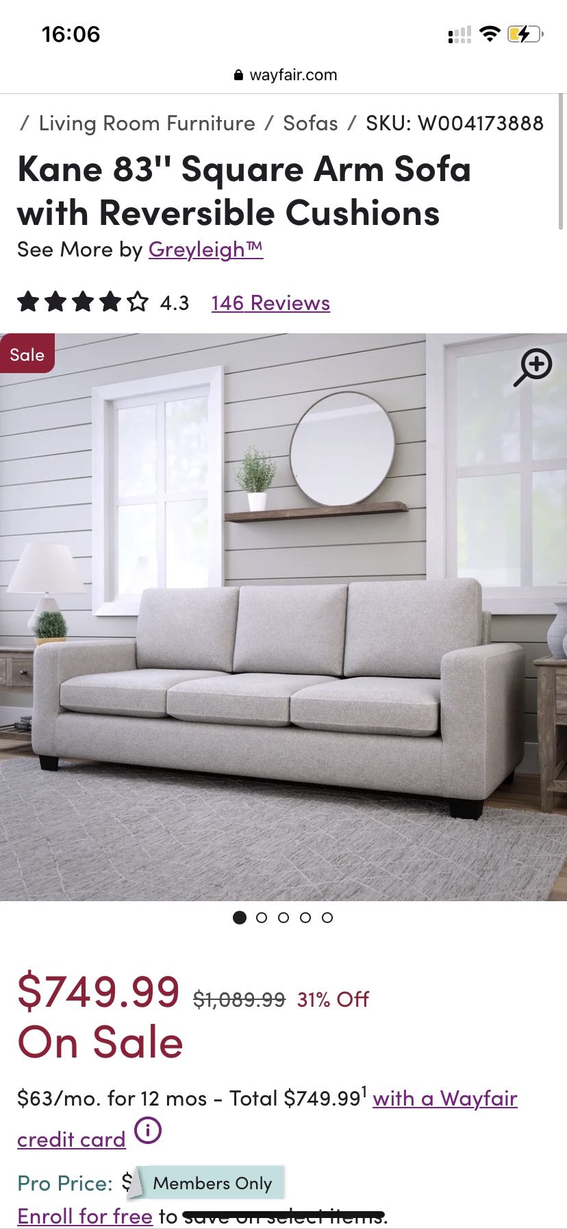 83" arm sofa new in box