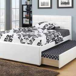 Brand New White Leather Twin Bed w Trundle Bed 