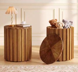 F2800 set of 2 new assembled Solid Wood Round End Table with Storage Set of 2, Walnut Cylindrical Side Table, Rustic Vintage Accent Bedside Table Nigh