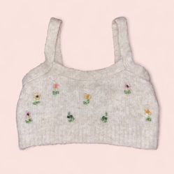 Cream and multi-coloured flower embroidered super cropped tank top 