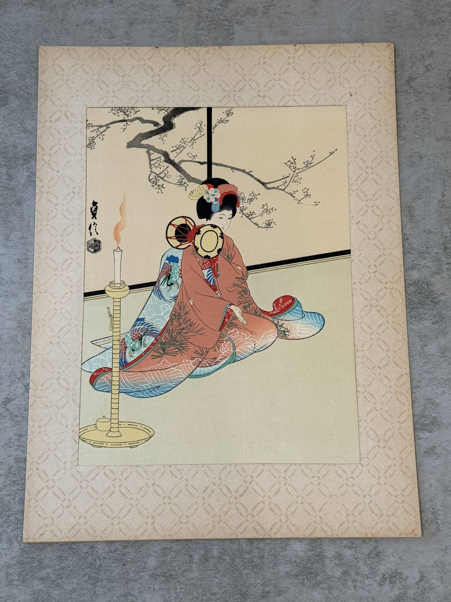 Japanese MCM Woodblock Print by Sadanobu Hasegawa III "Maiko Playing Hand Drum”