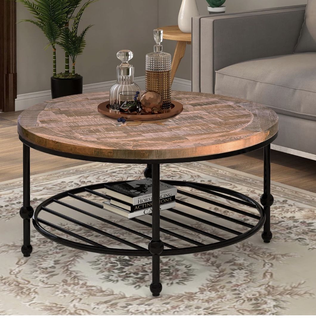 Rustic Natural Round Coffee Table w/shelf