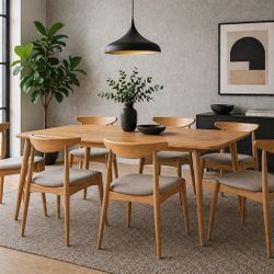 Set Of 6 -  Natural Wood Dining Chairs w Gray Upholstery [NEW] [CHAIRS ONLY / TABLE NOT INCLUDED] 
