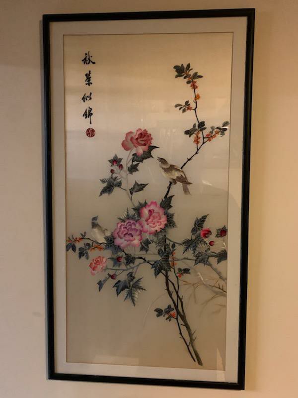 Collectible Antique Chinese Sparrows Embroidered Silk Art