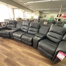 Black Leather Reclining Theatre Sectional 