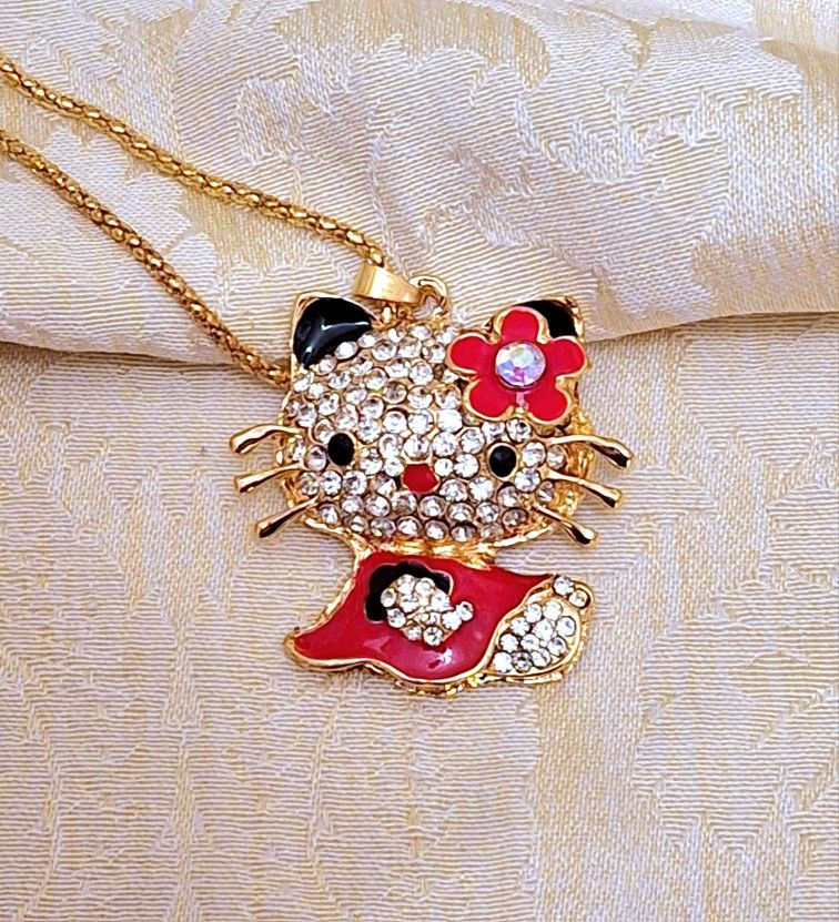 "Hello Kitty" cat pendant necklace Red & black enamel, silver rhinestones