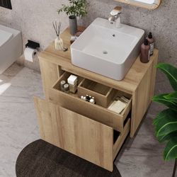 30 Inch Floating Bathroom Vanity with Sink – Wall-Mounted Vanity with Hidden Drawer, Natural Wood Finish, Modern Vessel Sink Vanity for Bathroom(Natur