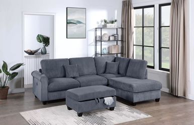 Brand New Grey Corduroy Sectional Sofa w Storage Ottoman