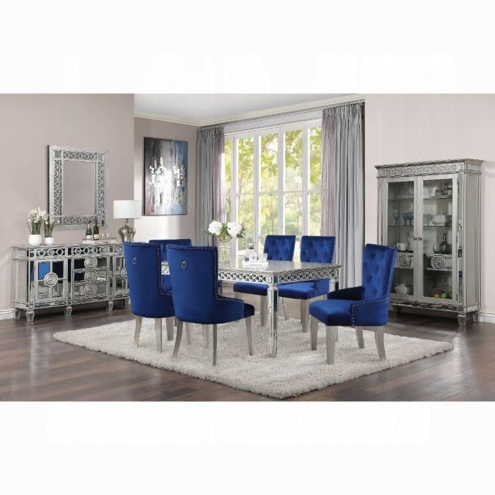 Dining set 7 pc Antique Platinum finish, Blue Velvet fabric, New Especial price