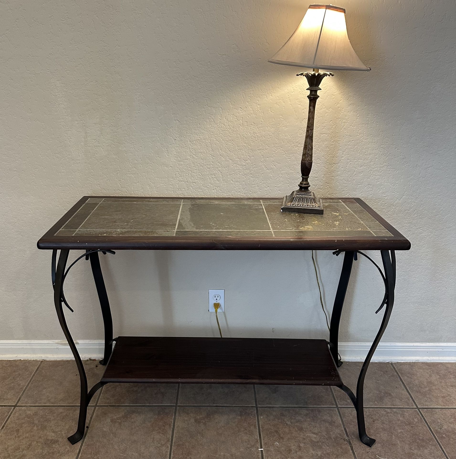 Tile-top Table, Dark Wood, Slate Tile And Black Wrought Iron Legs