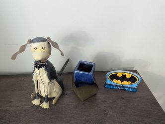 Metal Dog Figurine, Ceramic Vase, and Batman Sign