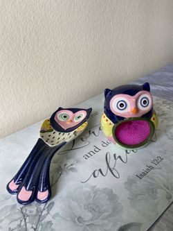 Owl. Ceramic One spoon rest, and scrubby holder. New